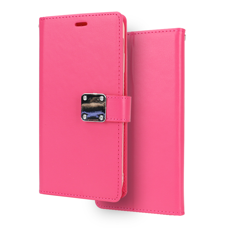 iPhone Xr 6.1in Multi Pockets Folio Flip LEATHER Wallet Case with Strap (Hot Pink)